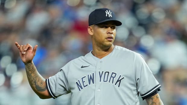 Sep 30, 2023; Kansas City, Missouri, USA; New York Yankees starting pitcher Frankie Montas (47) during the sixth inning against the Kansas City Royals at Kauffman Stadium.